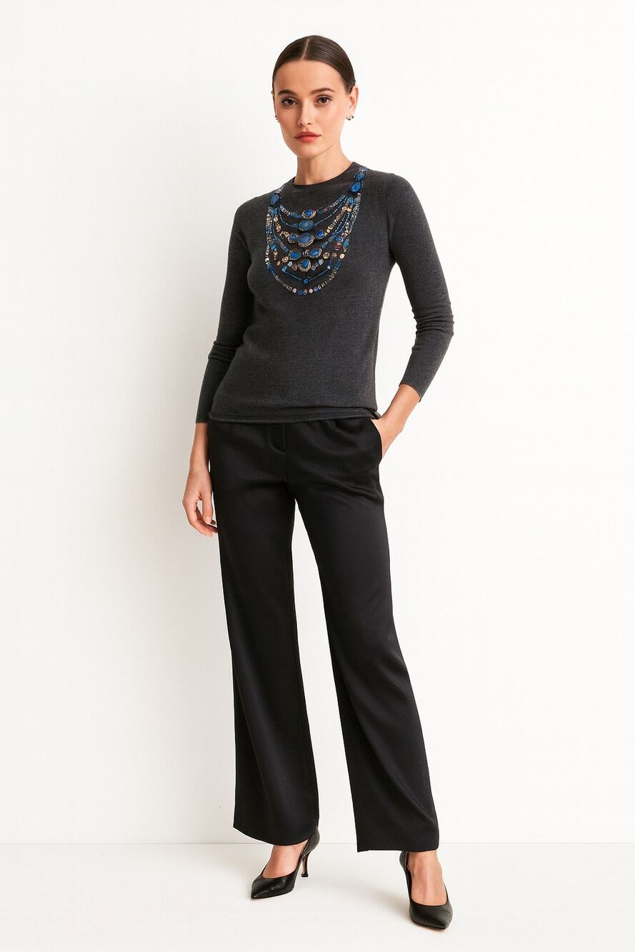 Tory Burch Cashmere Beaded Necklace Sweater Gray Grey Jewels XS Holiday Festive